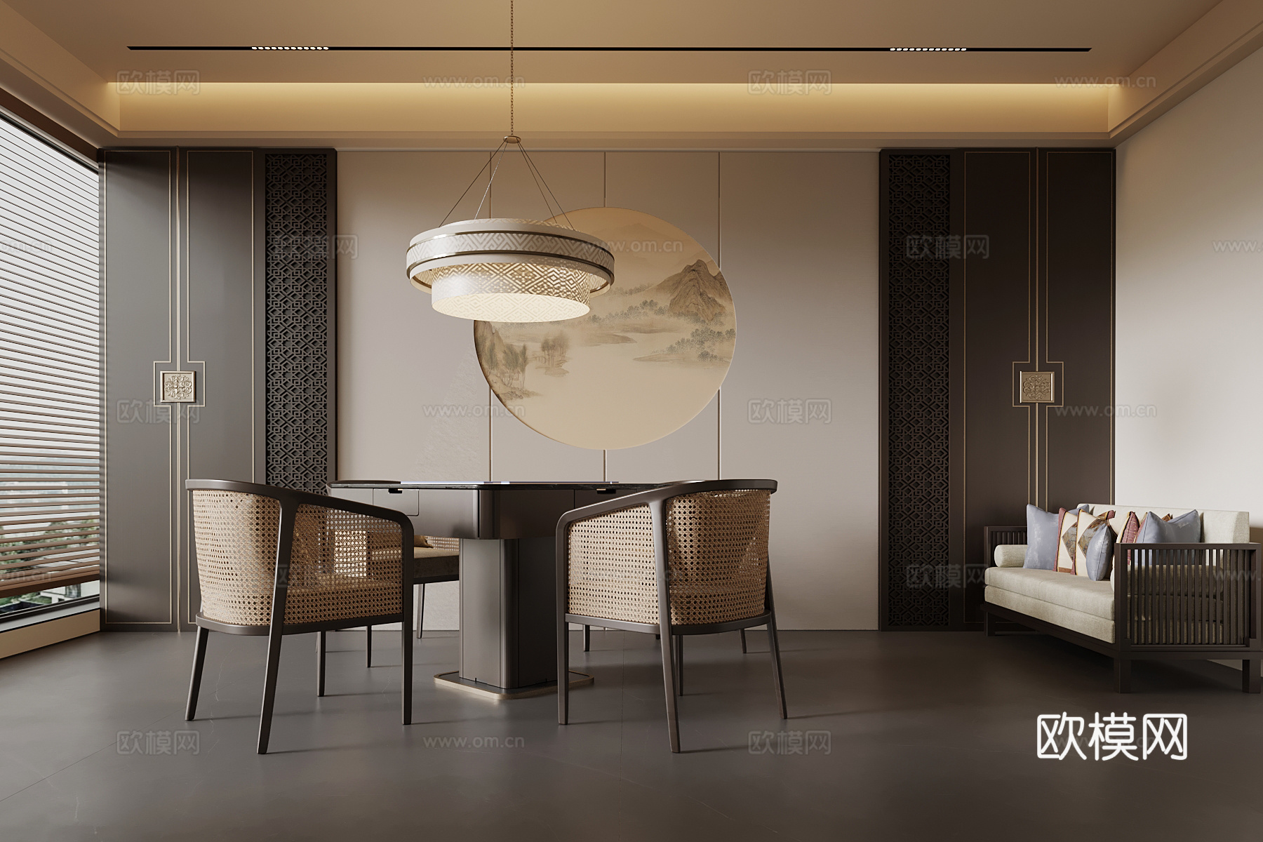 新中式棋牌室 麻将桌 背景墙su模型