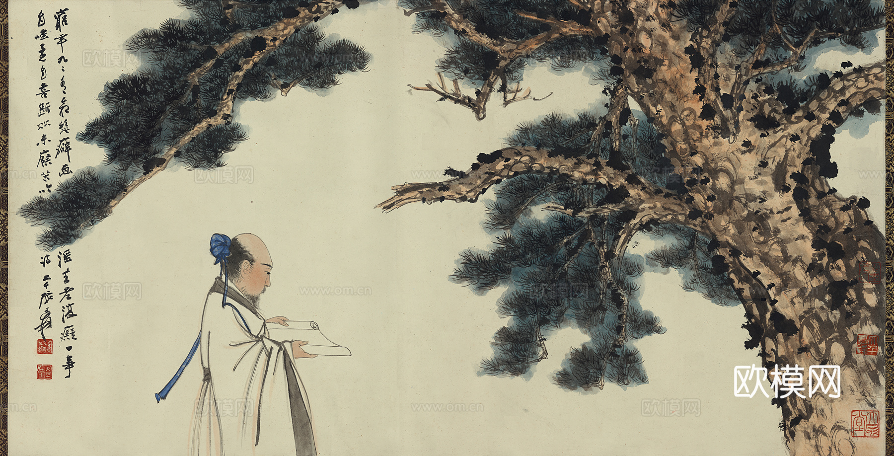 张大千绘画作品，中国近现代水墨画，写意水墨画松下行吟图