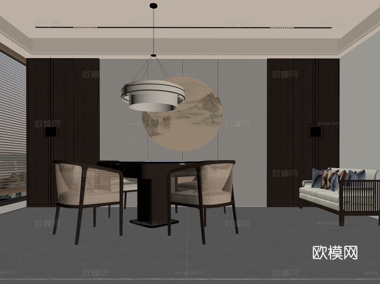 新中式棋牌室 麻将桌 背景墙su模型