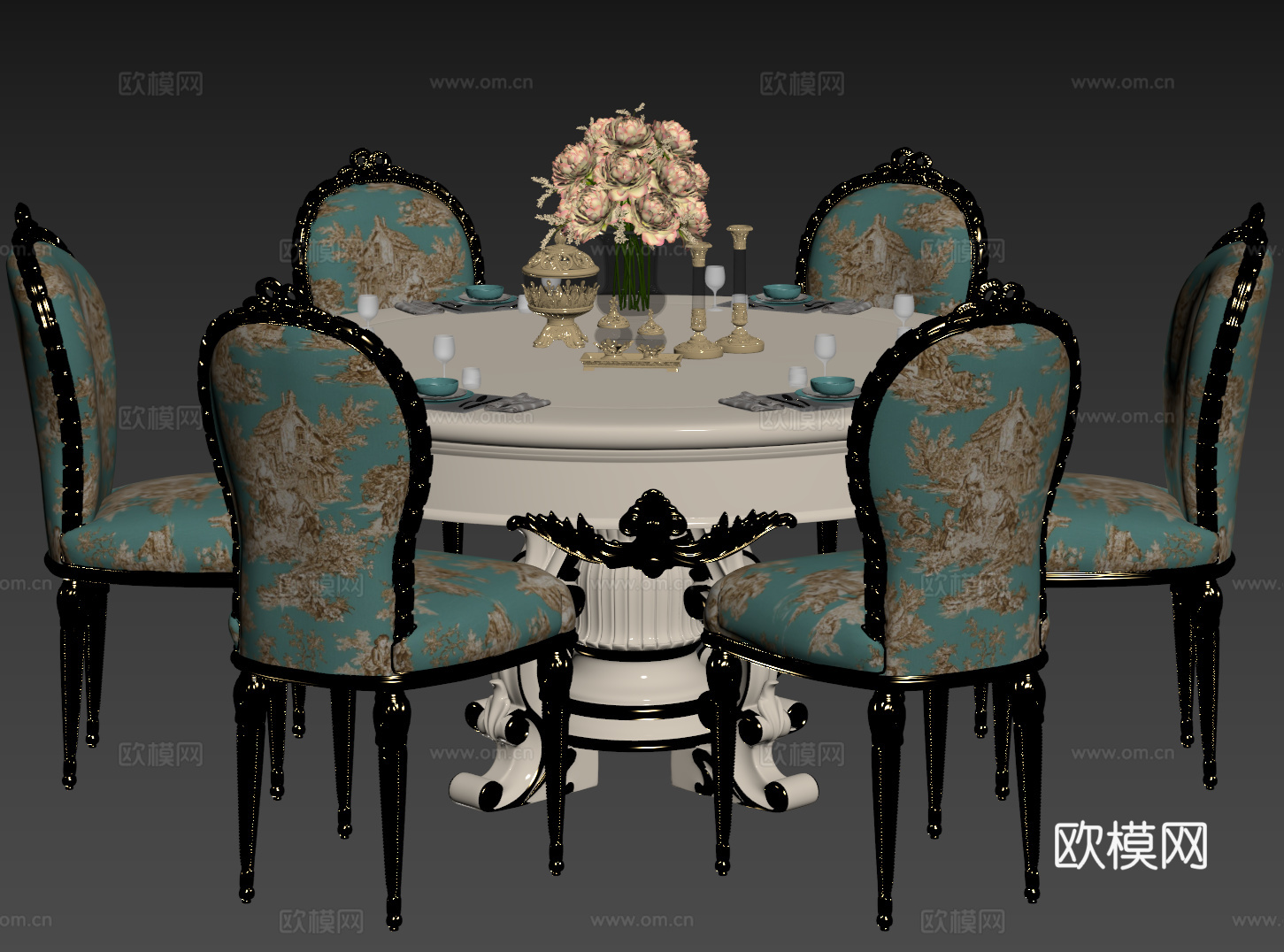 欧式餐桌椅 法式餐桌椅 雕花餐桌椅 圆形餐桌 桌椅组合su模型