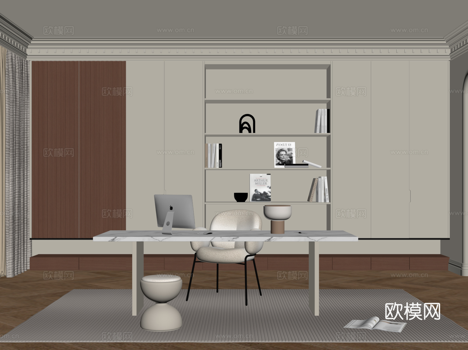 奶油风书房su模型