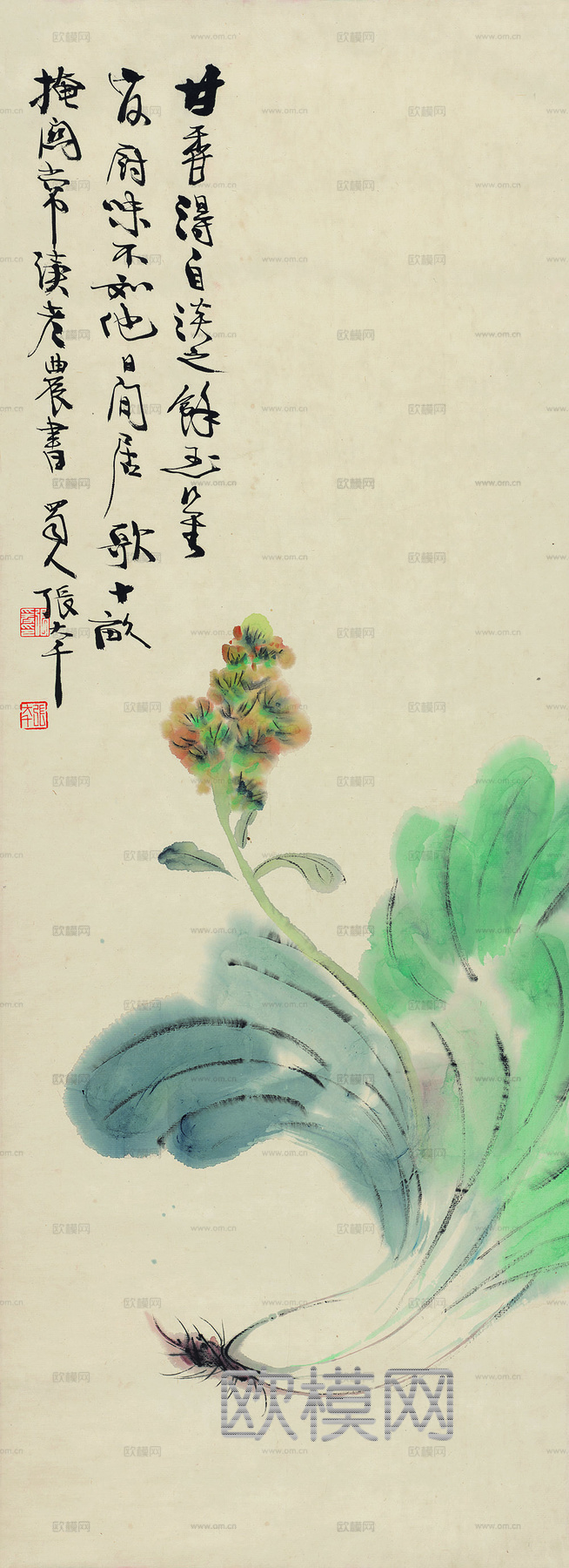 张大千绘画作品，中国近现代水墨画，写意水墨画开花图纸本