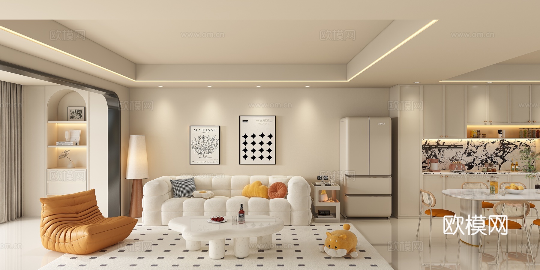 奶油风全景客厅 餐厅 餐桌椅3d模型下载
