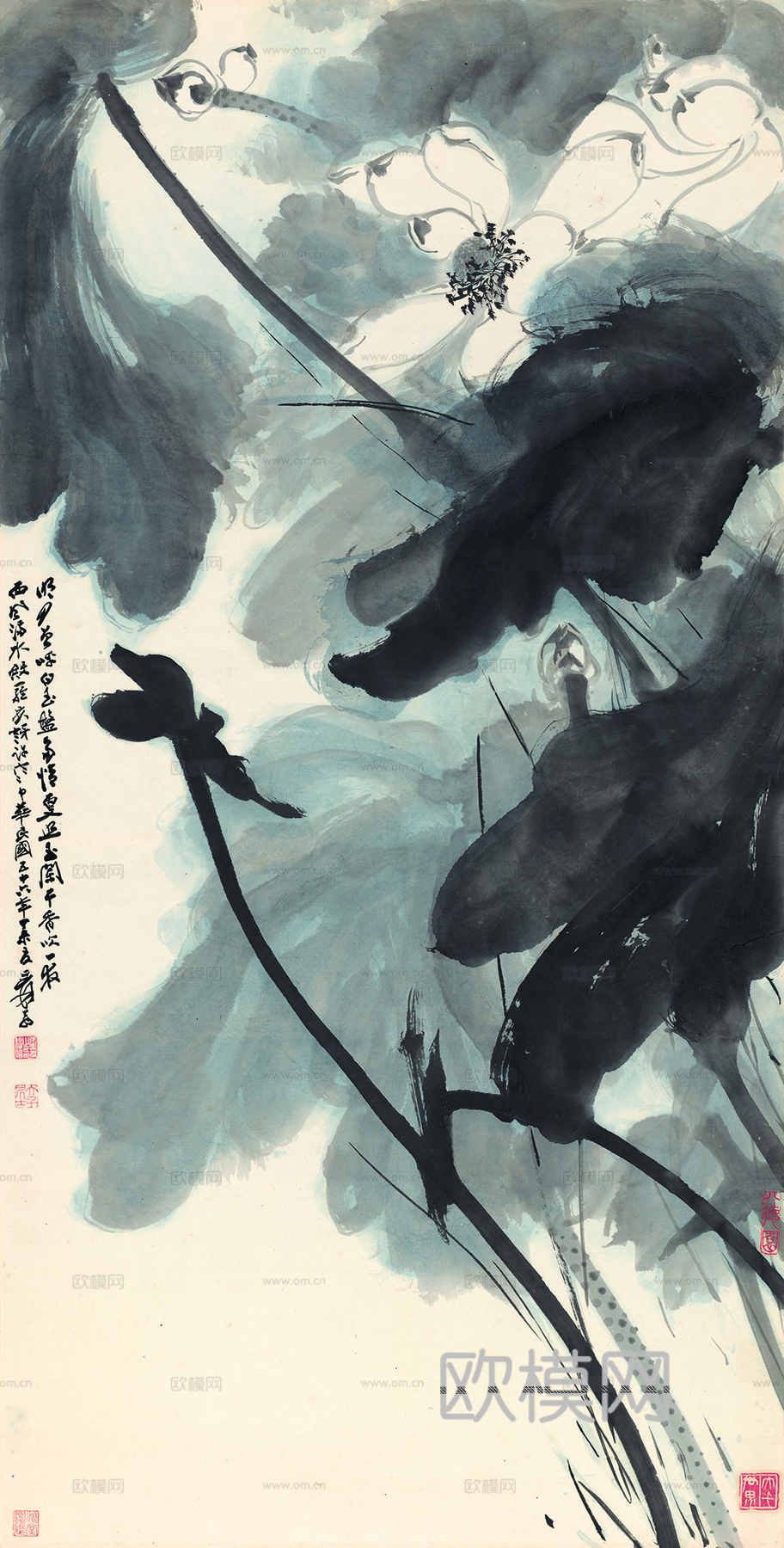 张大千绘画作品，中国近现代水墨画，写意水墨画墨荷纸本