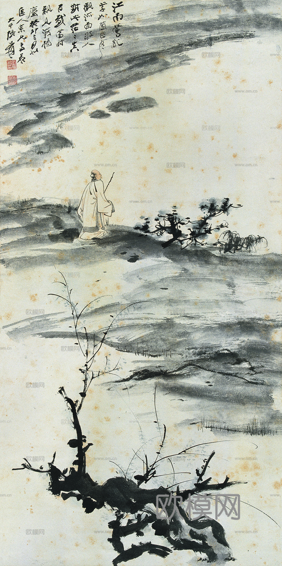 张大千绘画作品，中国近现代水墨画，写意水墨画湖堤