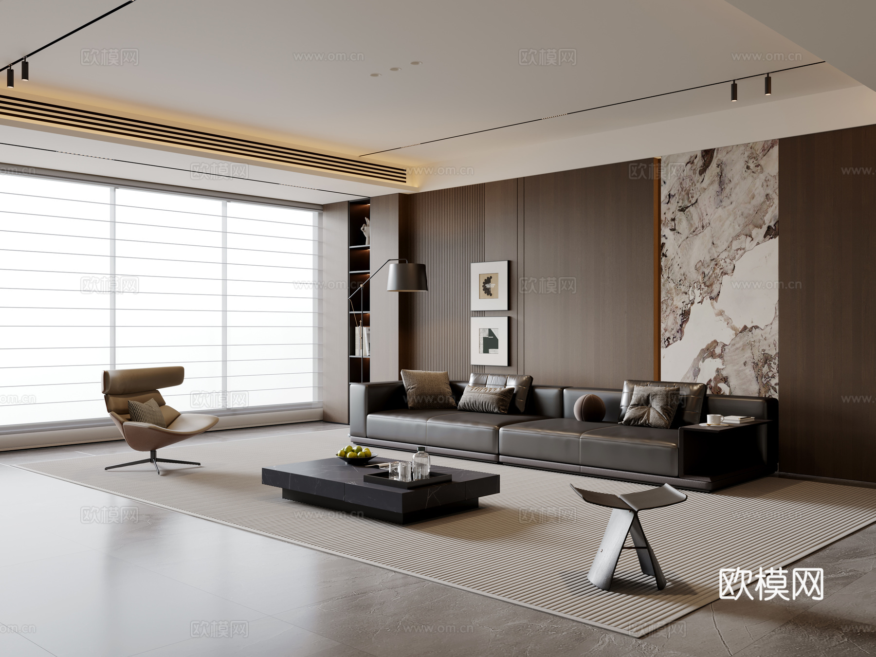 现代意式客厅 沙发茶几 多人沙发 休闲椅 落地灯 地毯su模型