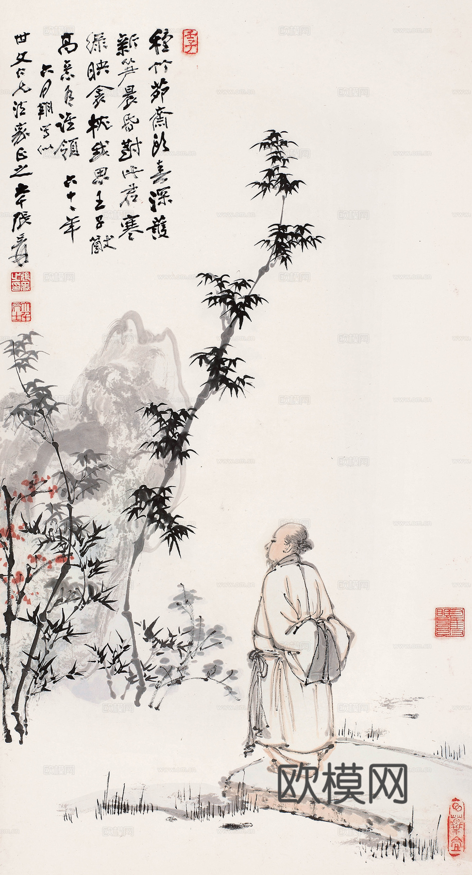 张大千绘画作品，中国近现代水墨画，写意水墨画六十一年作 高士