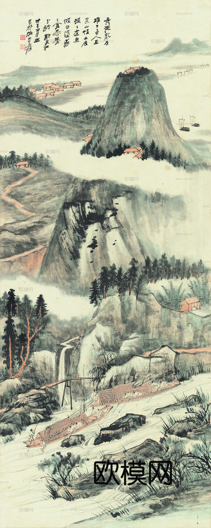 张大千绘画作品，中国近现代水墨画，写意水墨画急流行舟图