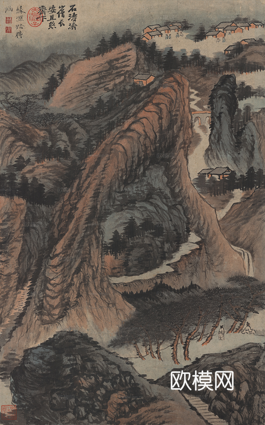 张大千绘画作品，中国近现代水墨画，写意水墨画缘源路转幽