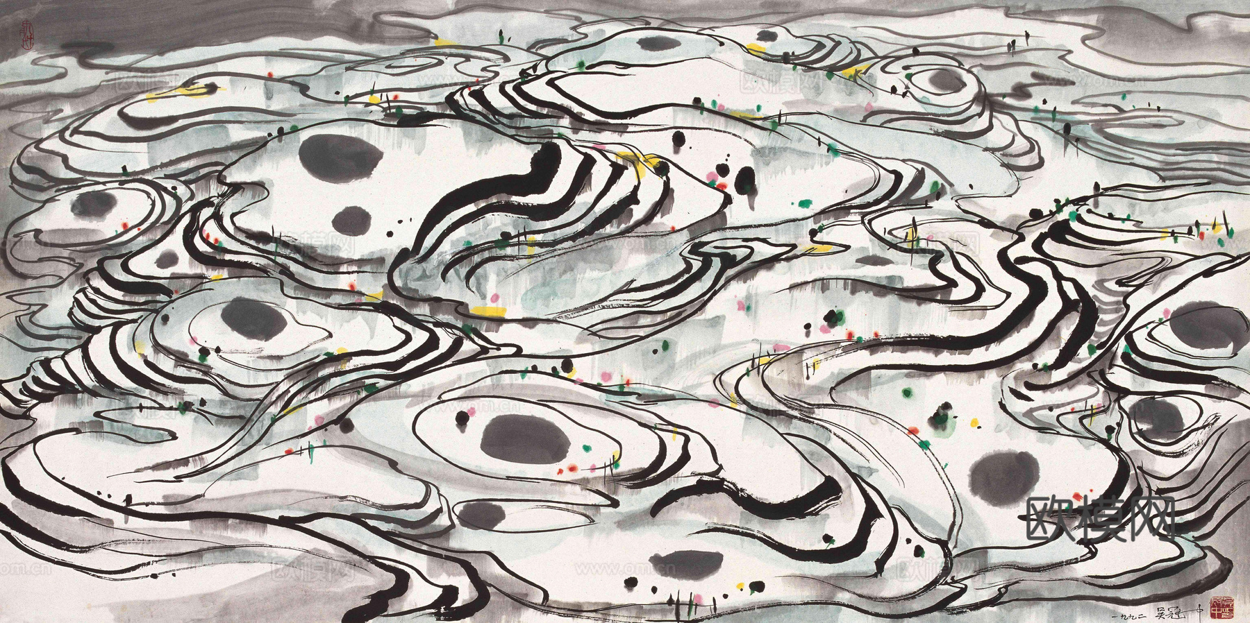 吴冠中绘画作品，写意水墨画，近现代水墨画，写意江南古镇水墨画下载