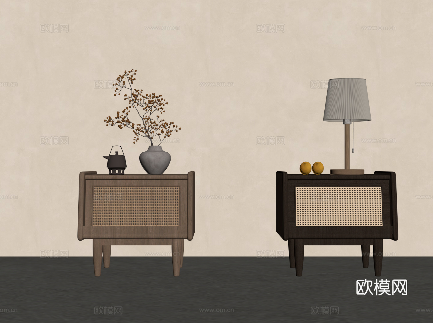 新中式床头柜 实木床头柜su模型