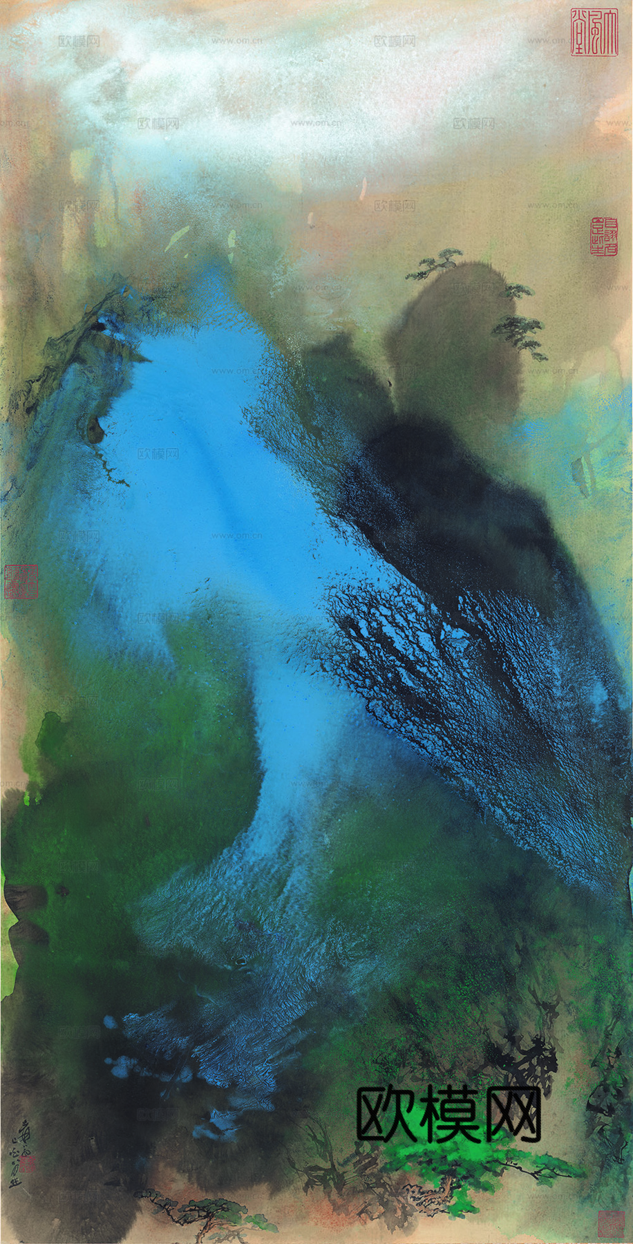 张大千绘画作品，中国近现代水墨画，写意水墨画松风晓霭纸本