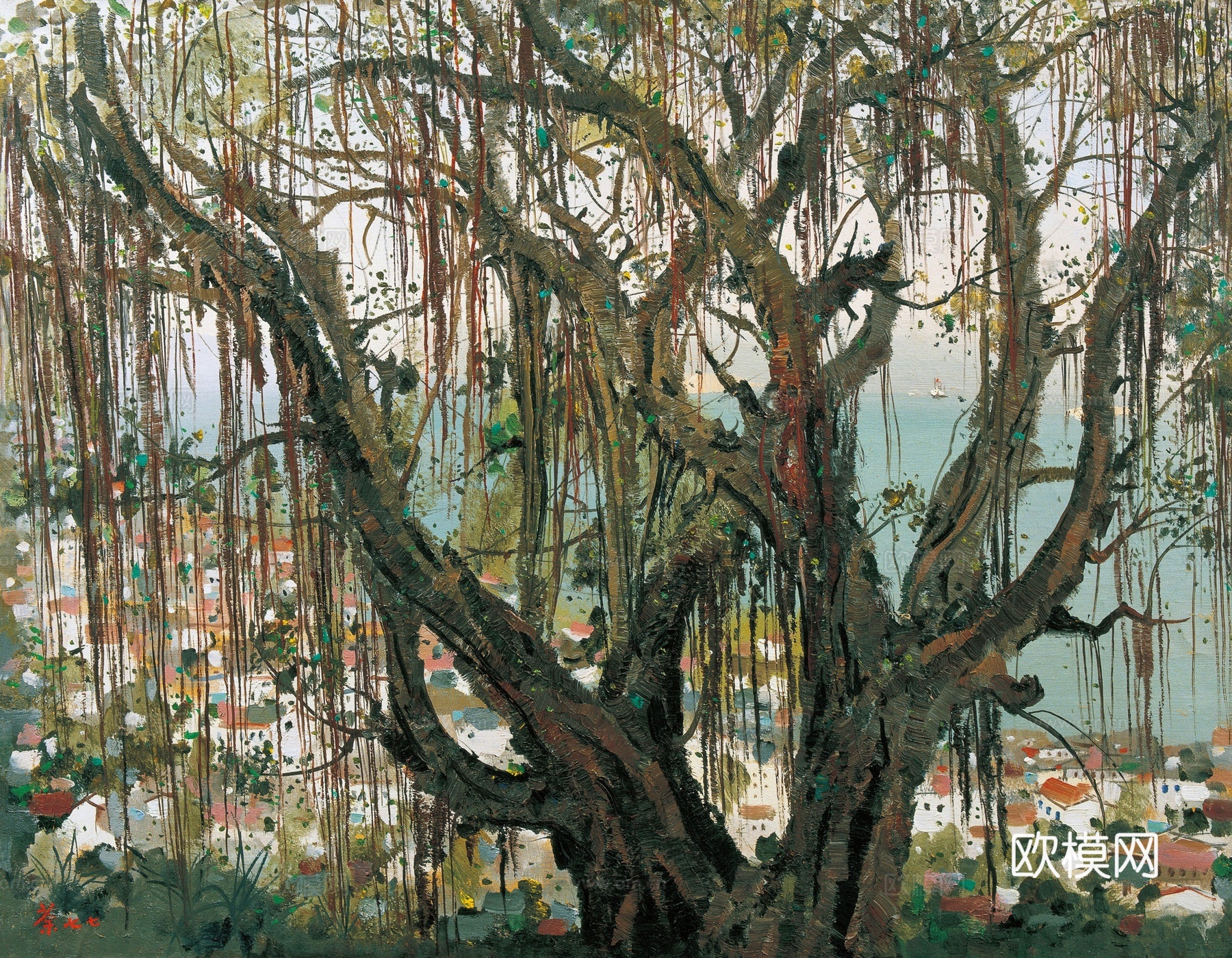 吴冠中绘画作品，写意水墨画，近现代水墨画，写意江南古镇水墨画