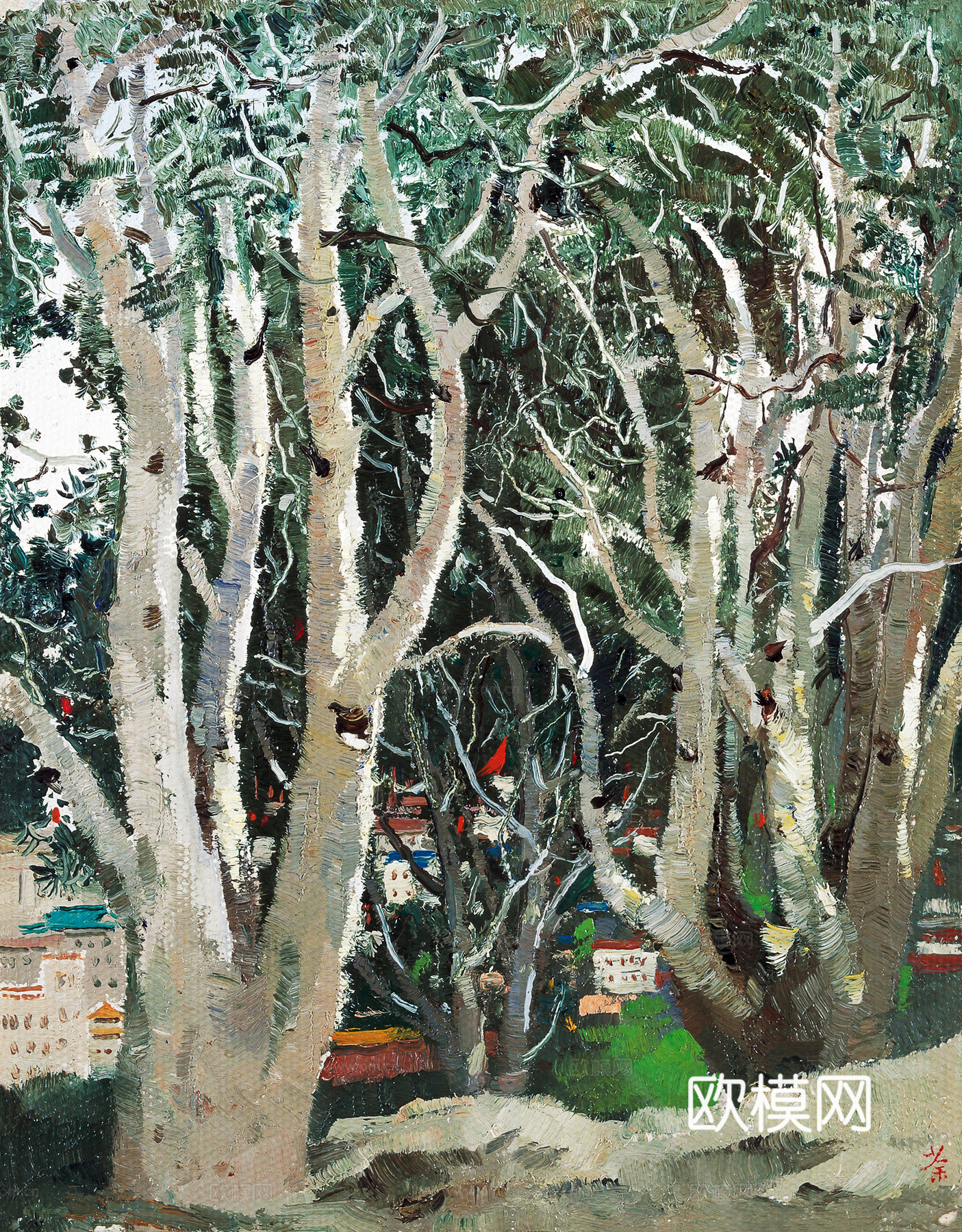 吴冠中绘画作品，写意水墨画，近现代水墨画，写意江南古镇水墨画下载