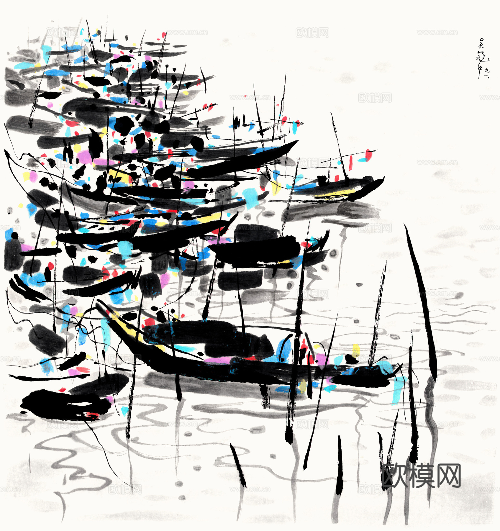 吴冠中绘画作品，写意水墨画，近现代水墨画，写意江南古镇水墨画下载