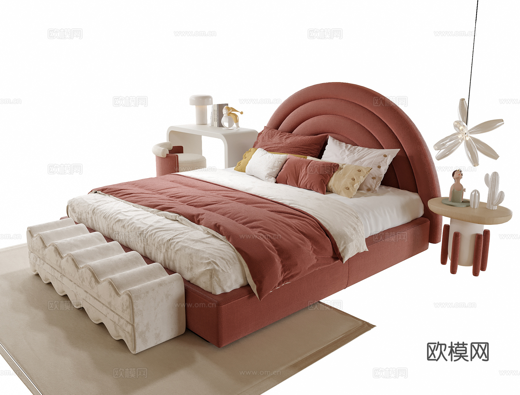 现代儿童床 床尾凳 梳妆台su模型
