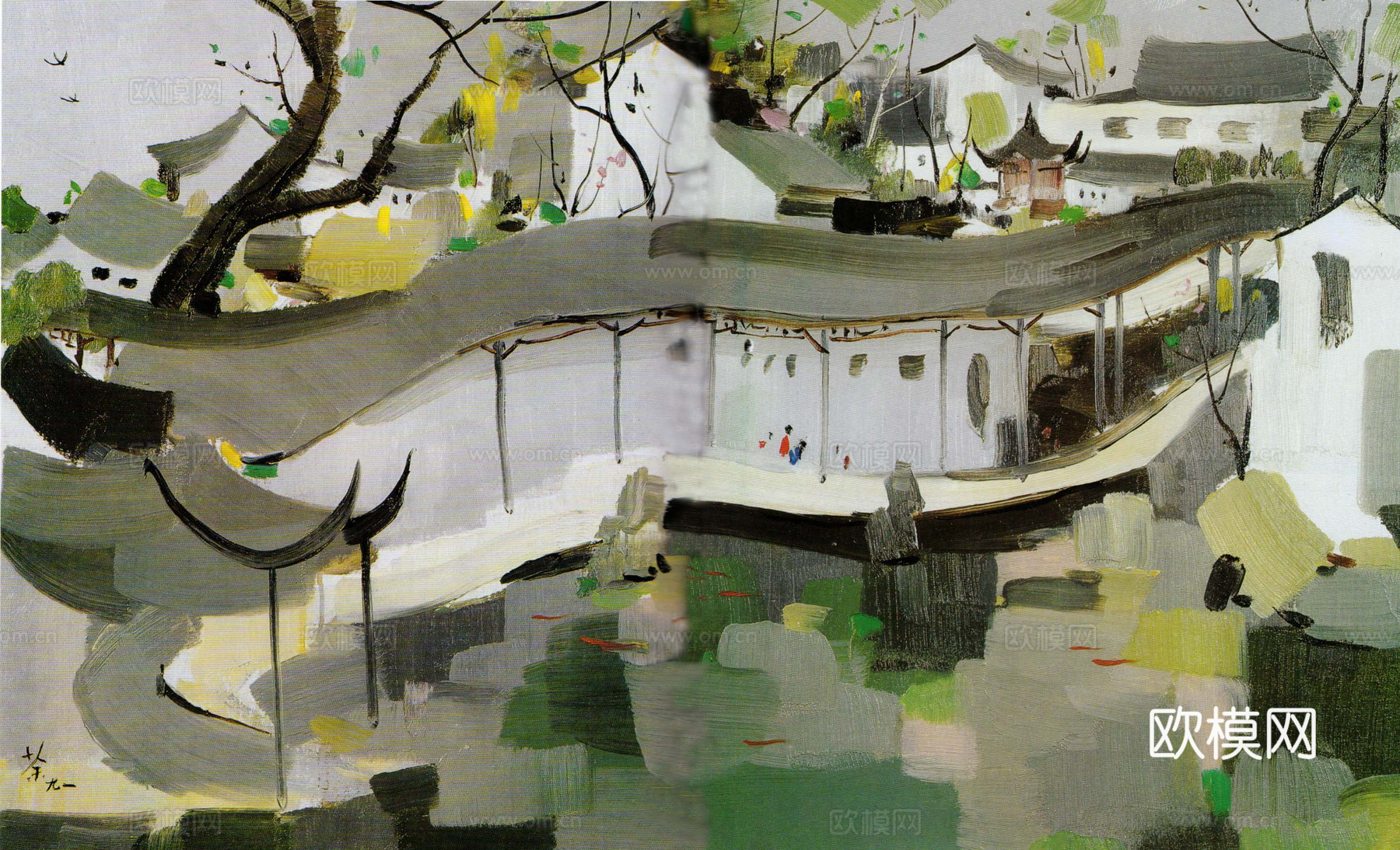 吴冠中绘画作品，写意水墨画，近现代水墨画，写意江南古镇水墨画下载