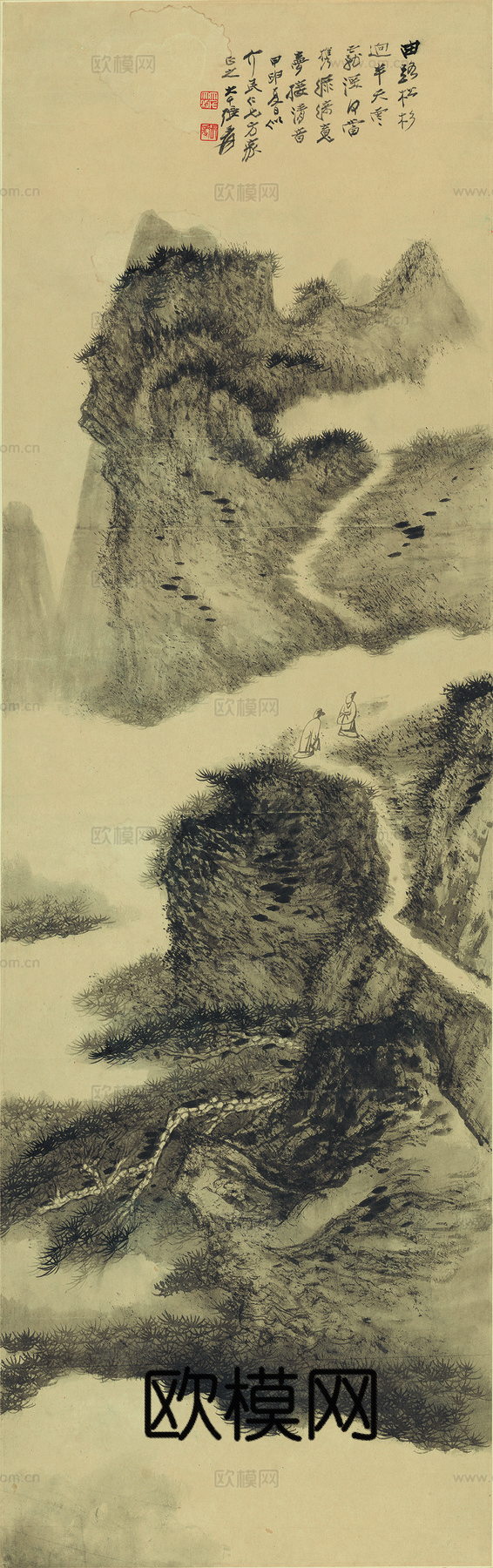 张大千绘画作品，中国近现代水墨画，写意水墨画仿王蒙春山图