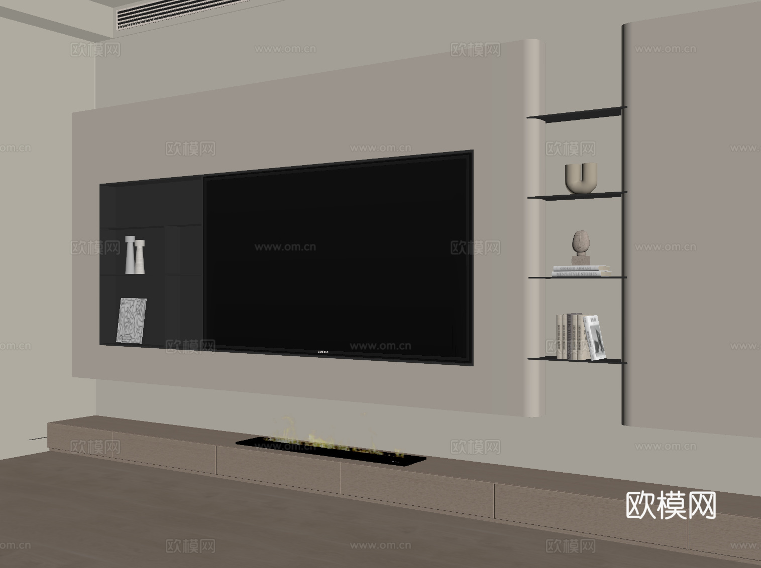 奶油风电视背景墙su模型