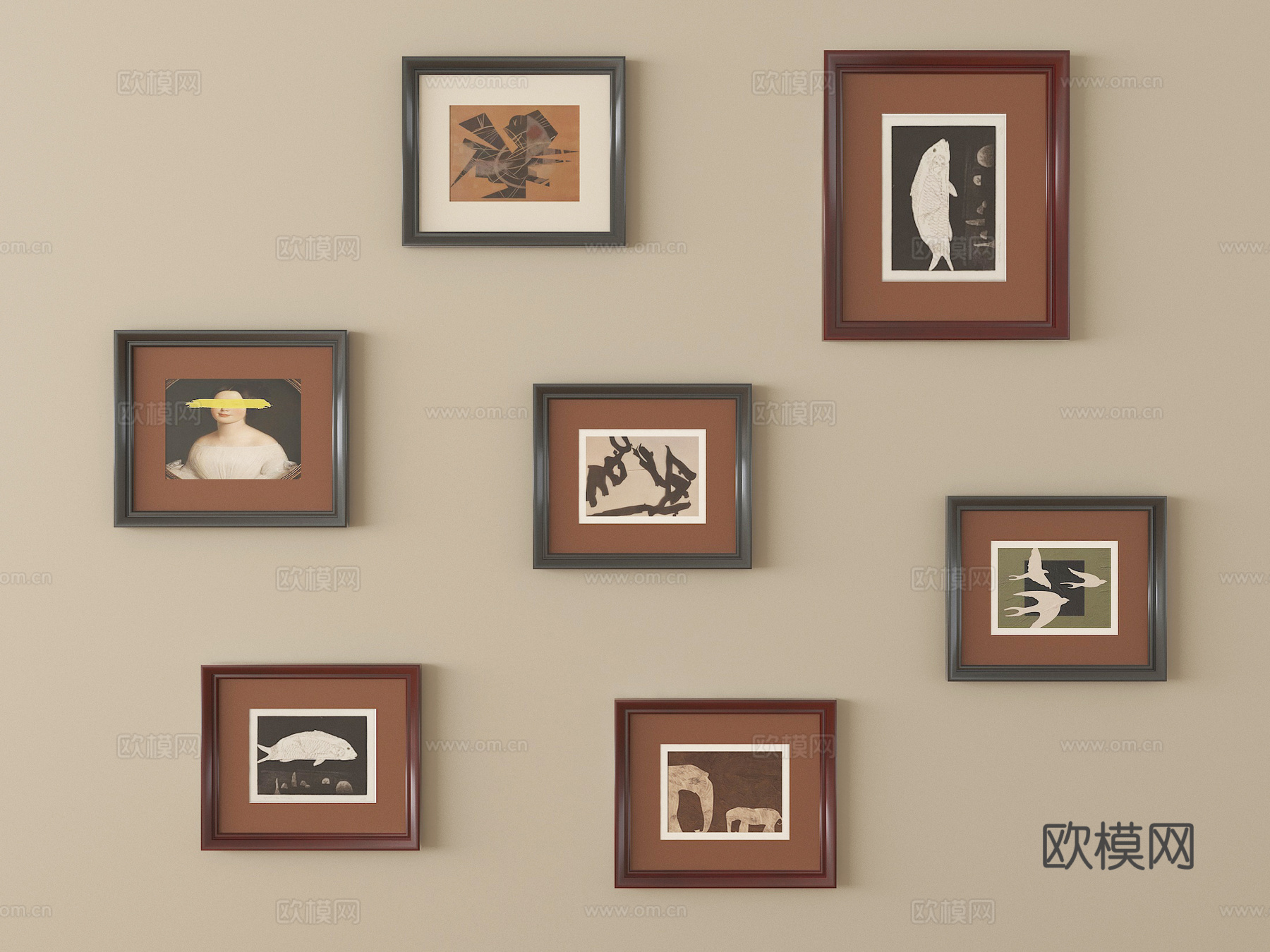 中古风挂画组合 装饰挂画su模型
