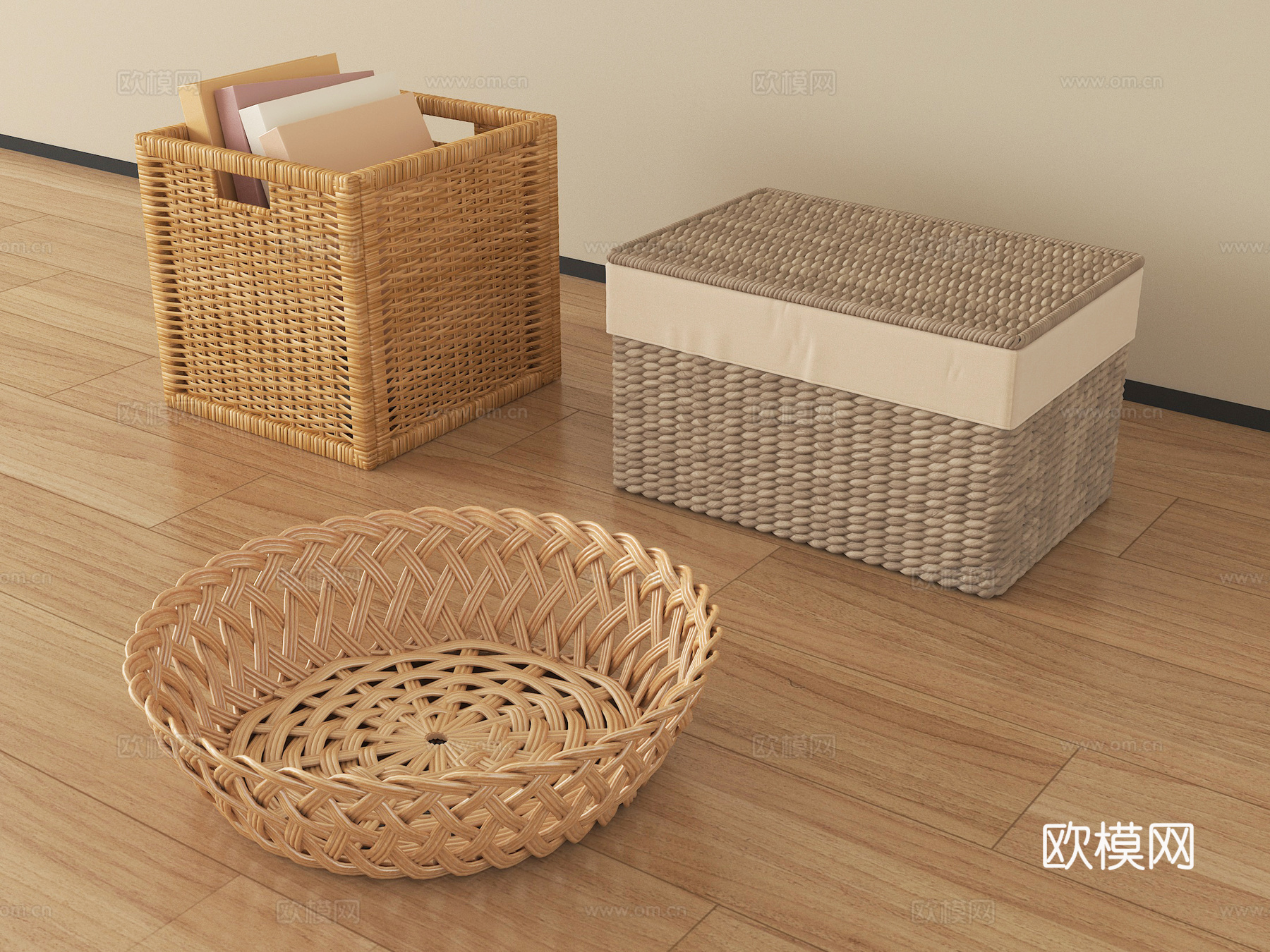 现代编制竹篓组合 藤编脏衣篓 收纳筐竹筐su模型