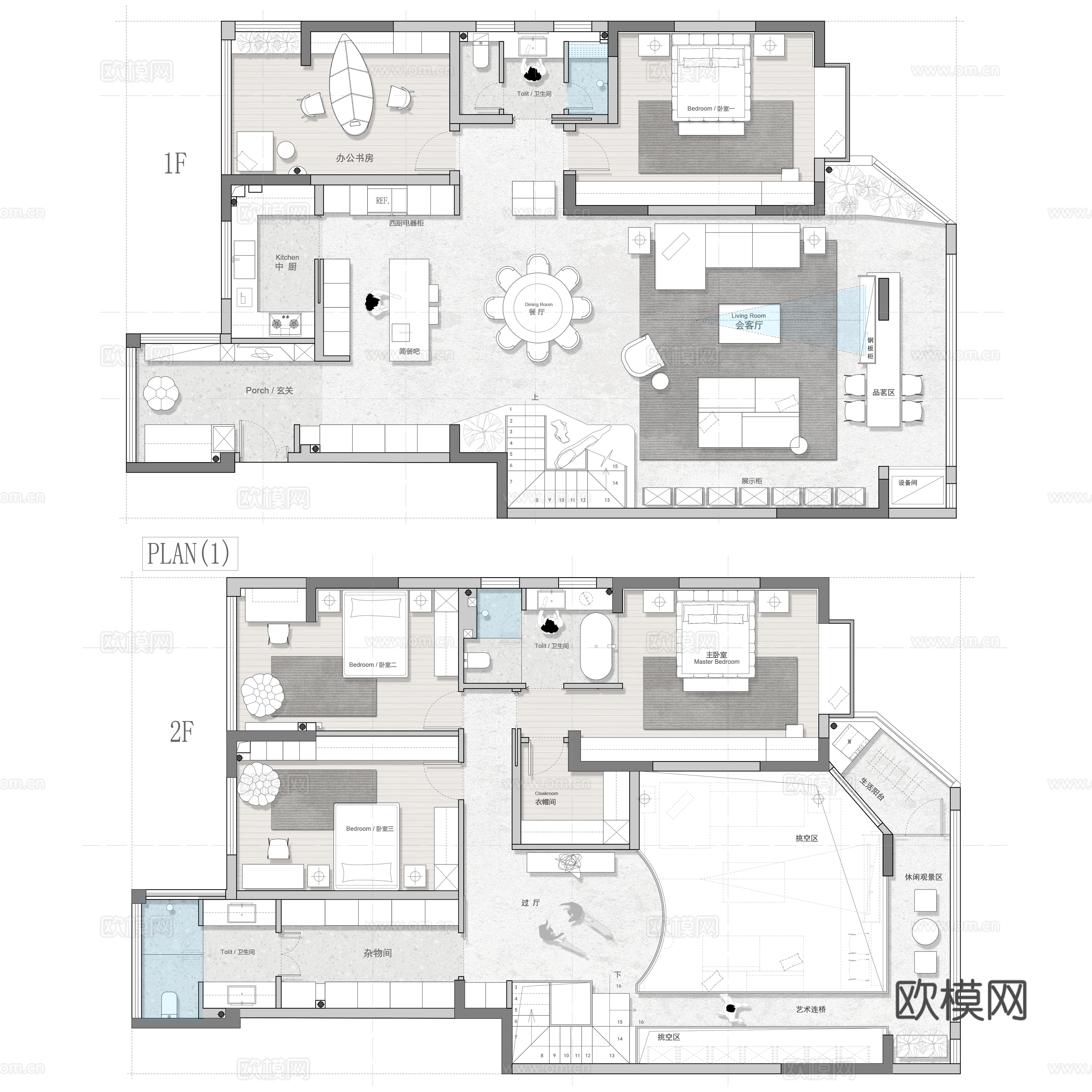 300㎡复式平面图 彩平图cad施工图