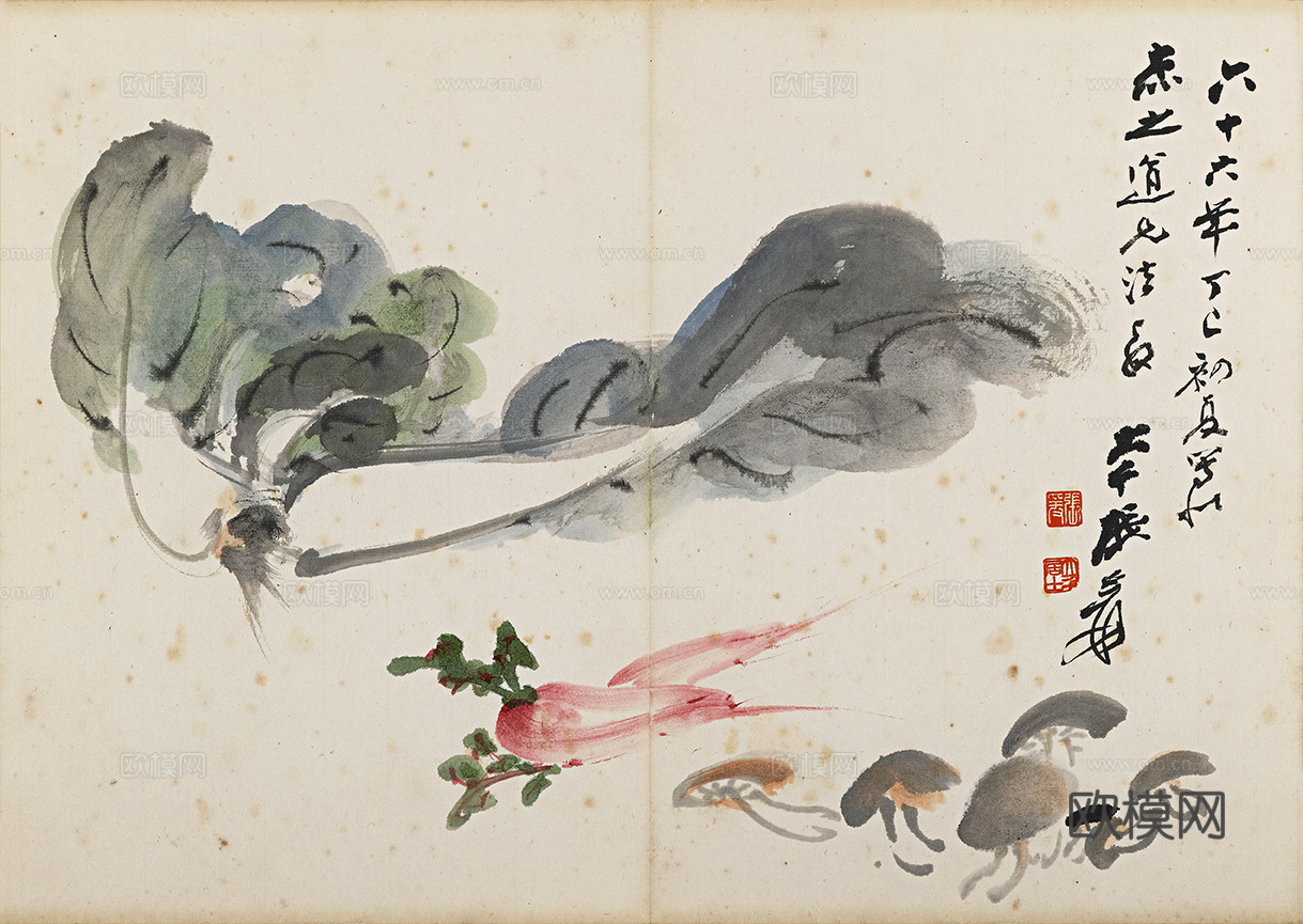 张大千绘画作品，中国近现代水墨画，写意水墨画册页自画像三开