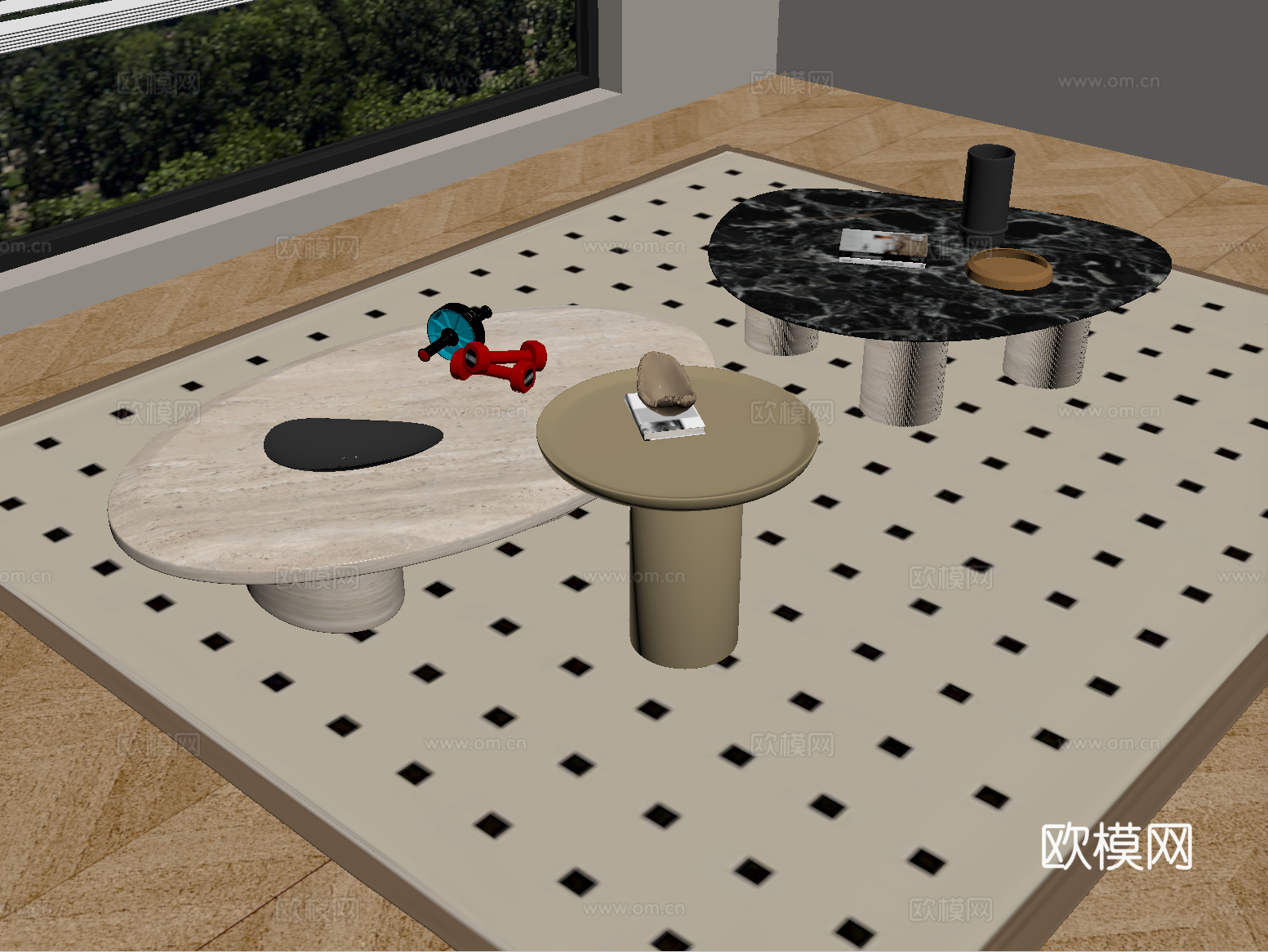 中古风茶几组合 字母几 摆件su模型