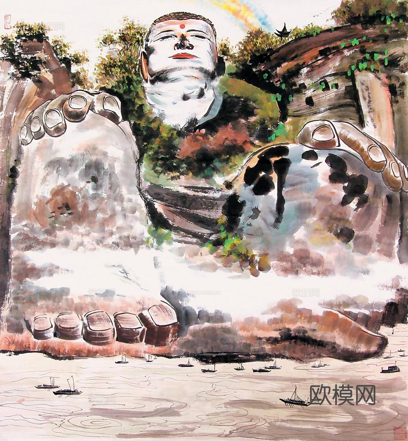 吴冠中绘画作品，写意水墨画，近现代水墨画，写意江南古镇水墨画