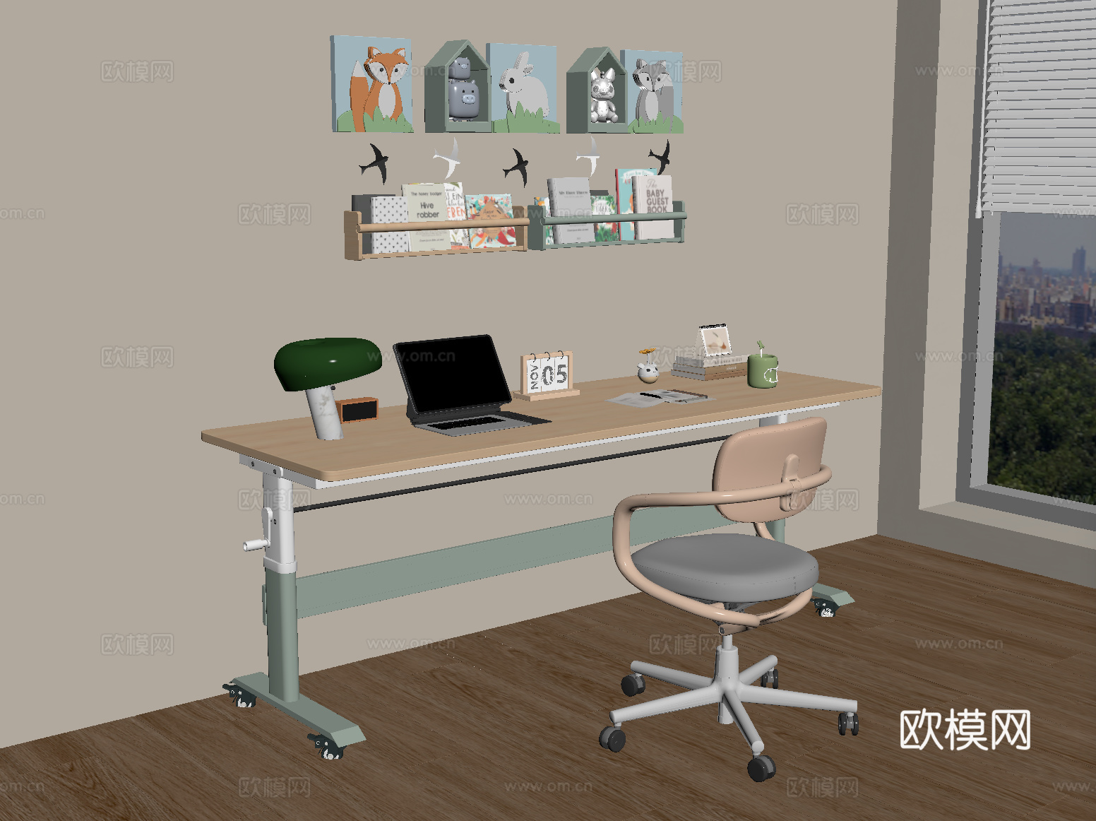 现代书桌椅 儿童书桌椅 电脑 台灯摆件su模型