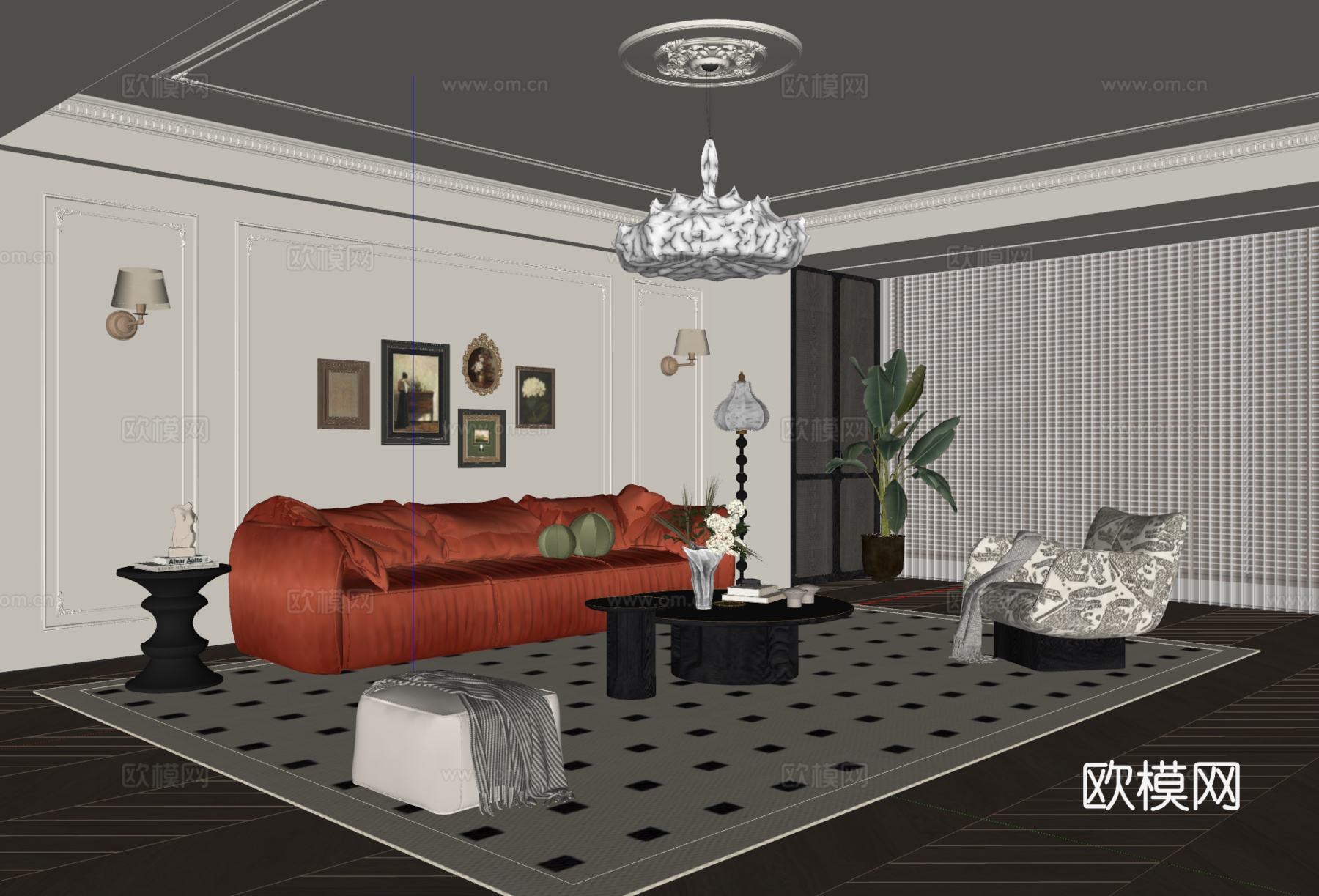 法式客厅 沙发茶几 多人沙发 休闲沙发 吊灯 挂画 地毯su模型
