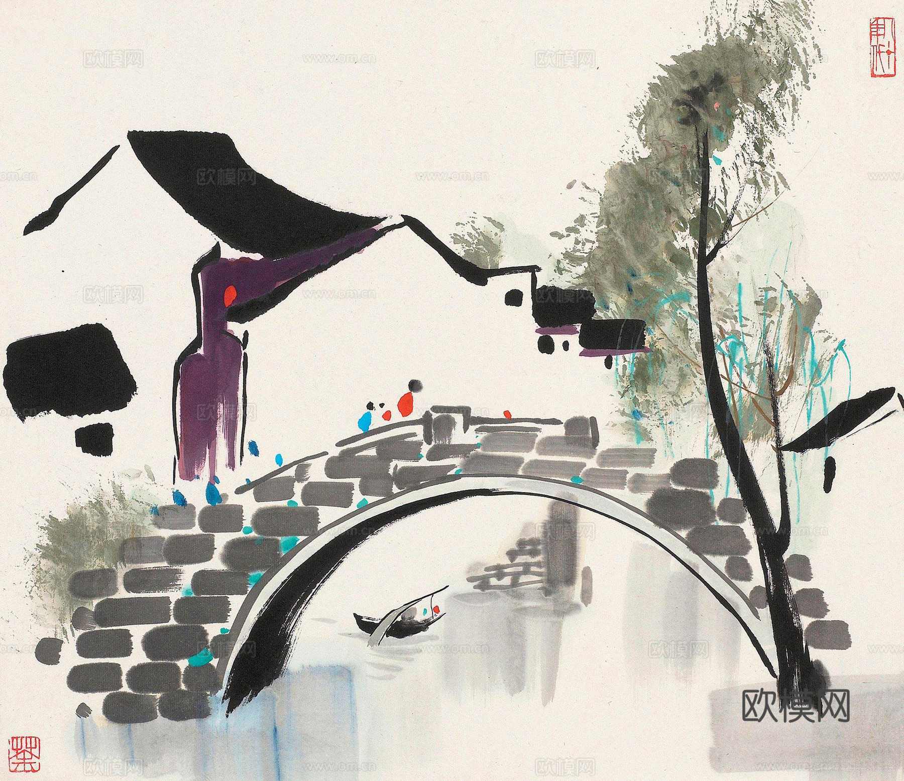 吴冠中绘画作品，写意水墨画，近现代水墨画，写意江南古镇水墨画