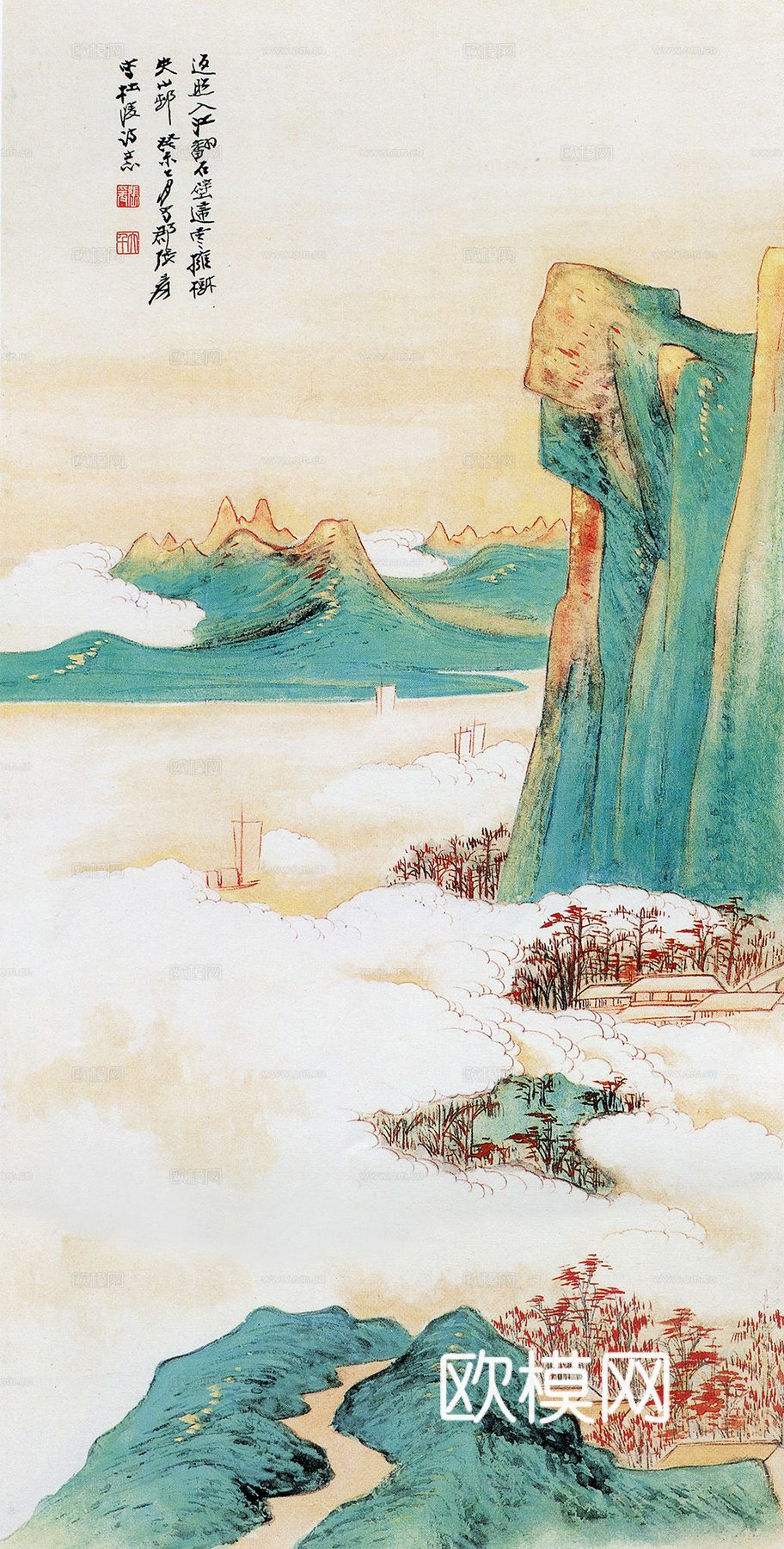 张大千绘画作品，中国近现代水墨画，写意水墨画杜甫诗意图  青