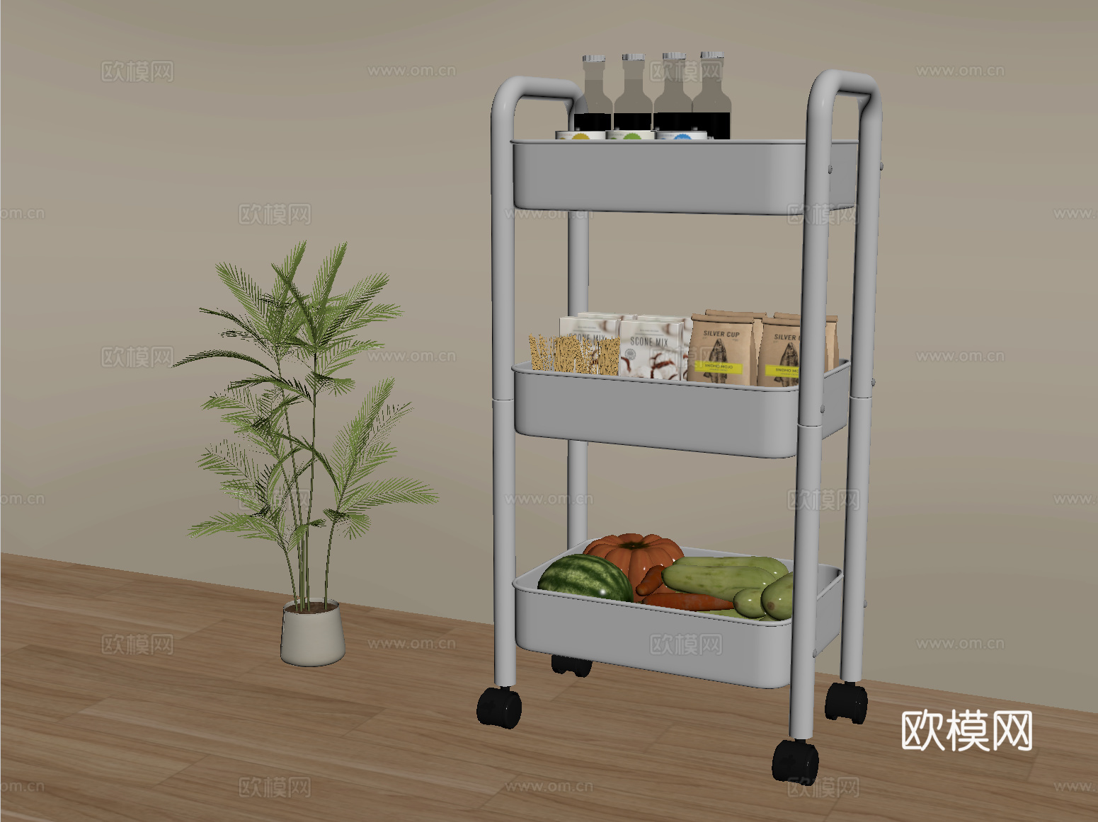 现代置物架 小推车置物架 厨房置物架su模型