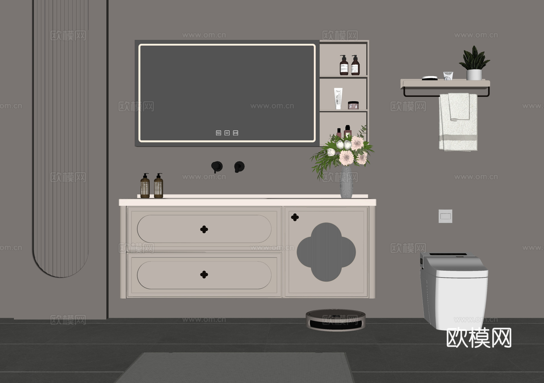 奶油风浴室柜 洗手柜su模型