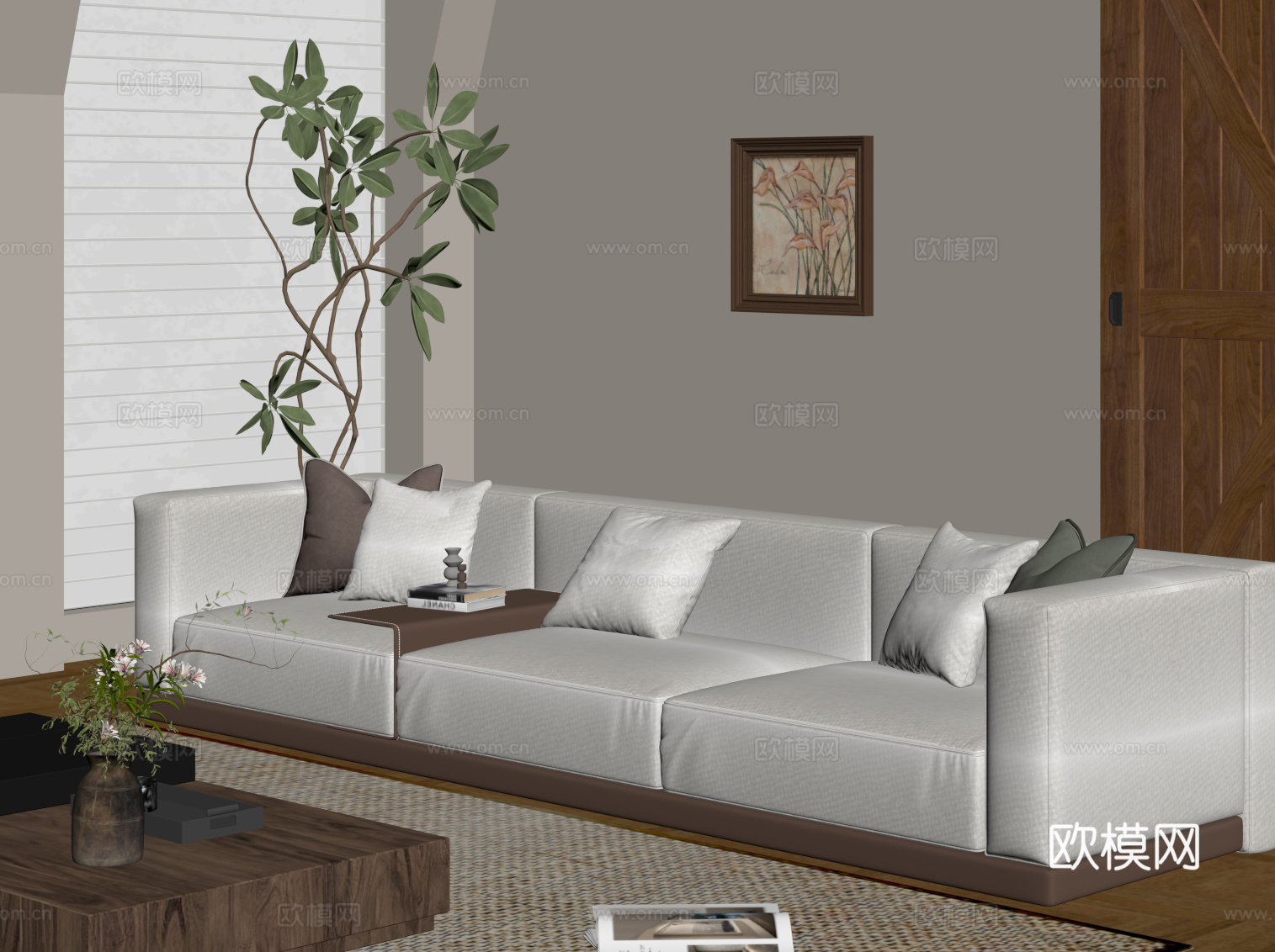 现代中古风多人沙发 布艺休闲沙发su模型