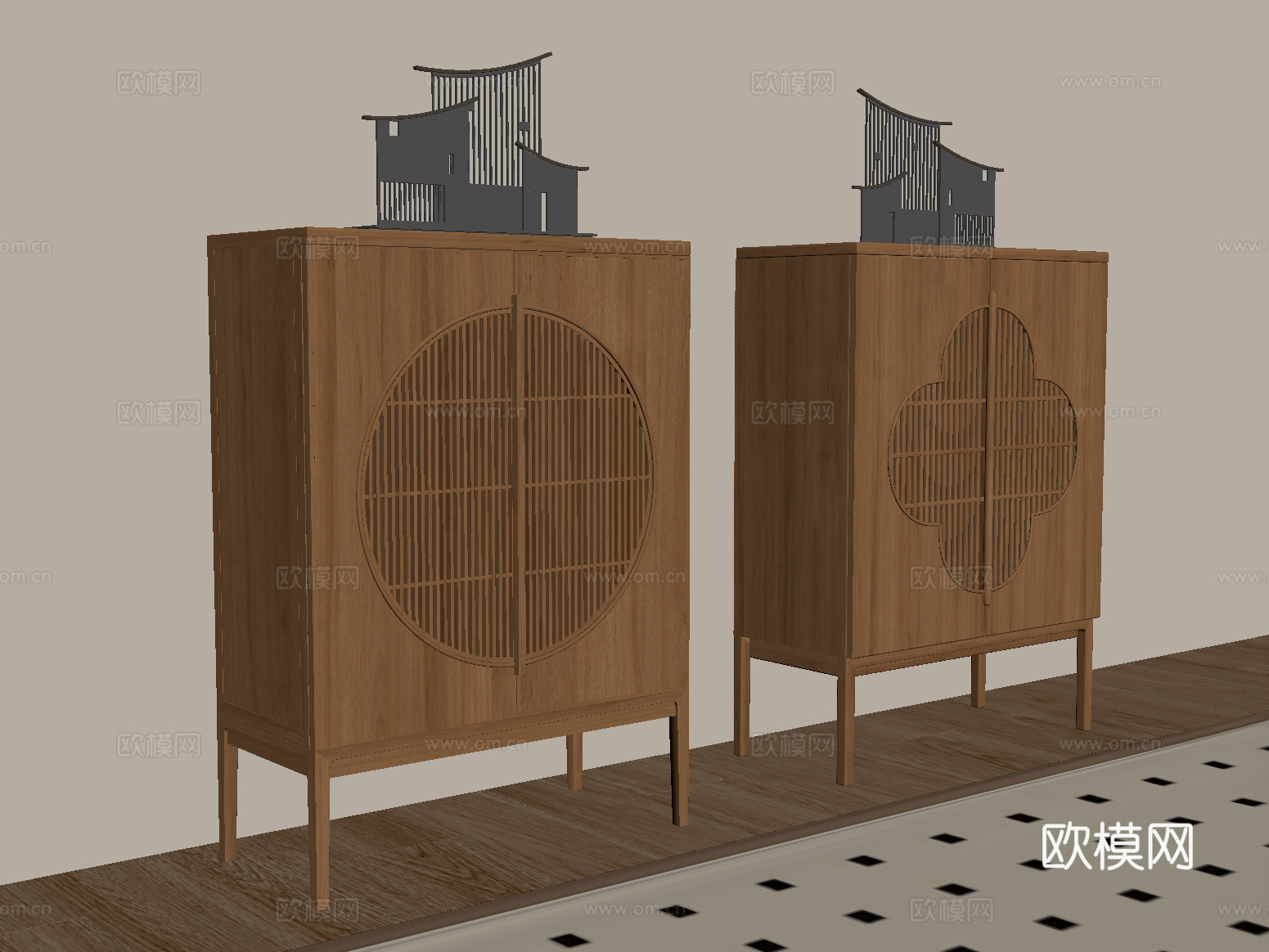 新中式玄关柜 斗柜 储物柜 装饰柜su模型