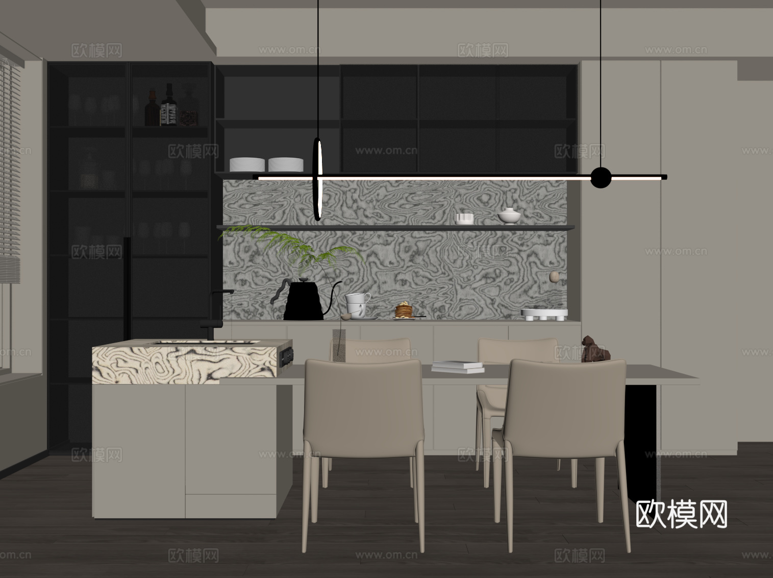 现代餐厅 岛台 餐柜su模型su模型