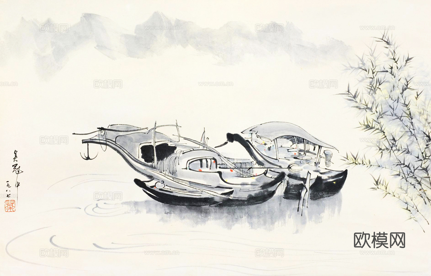 吴冠中绘画作品，写意水墨画，近现代水墨画，写意江南古镇水墨画