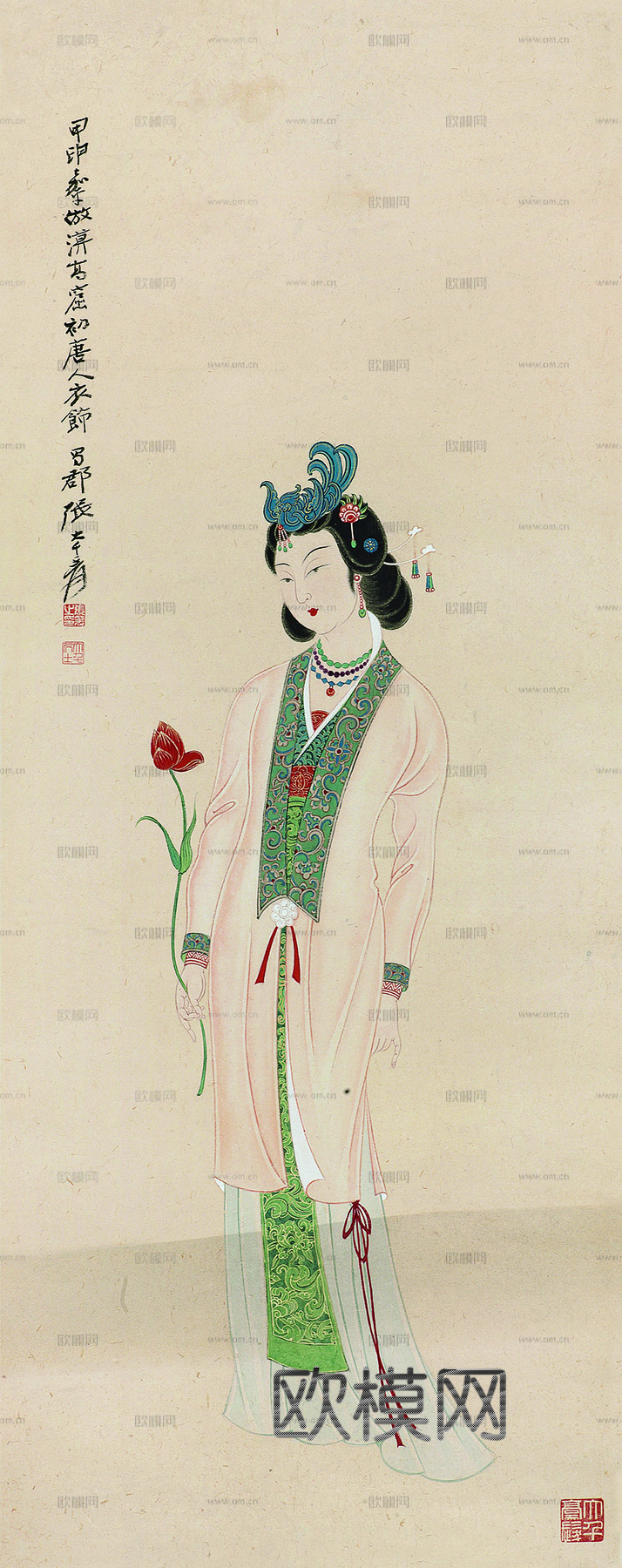 张大千绘画作品，中国近现代水墨画，写意水墨画仕女图