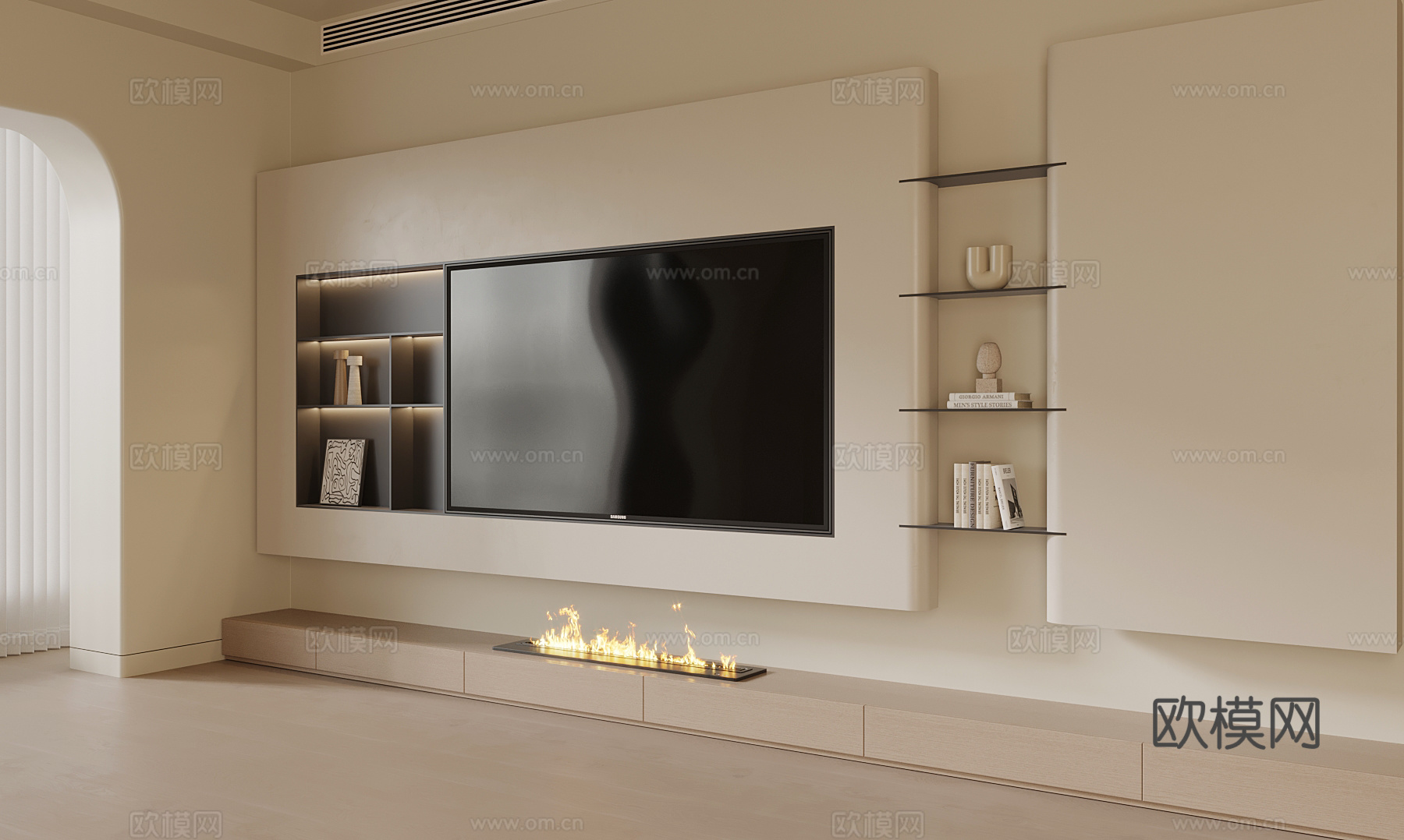 奶油风电视背景墙su模型