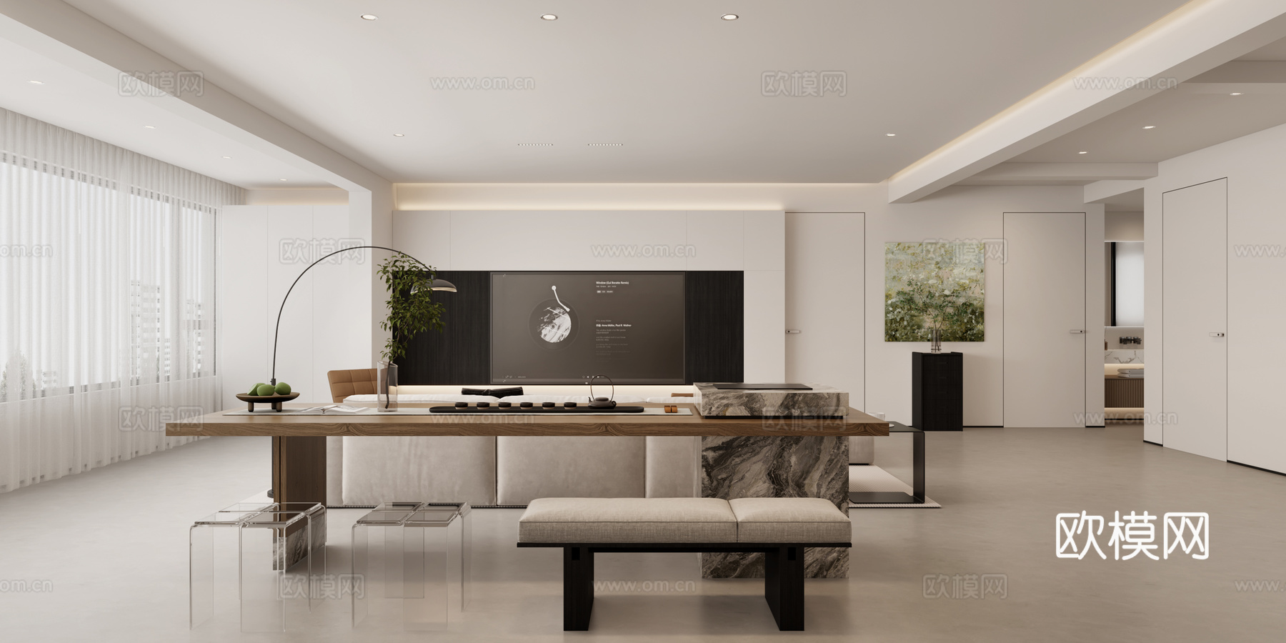 现代奶油风客餐厅 奶油风餐厅 奶油风厨房 奶油风沙发茶桌3d模型下载（渲染图2）