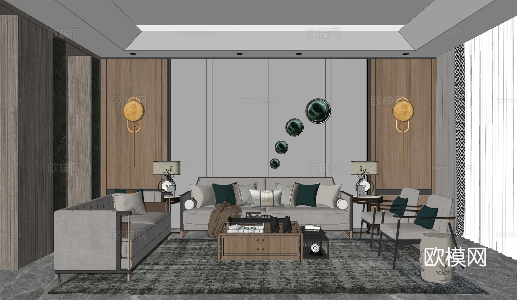 新中式客厅沙发茶几组合su模型