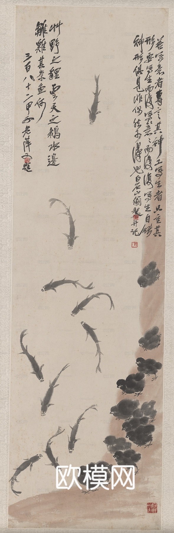 齐白石写意水墨画，近现代水墨画 鱼小鸡