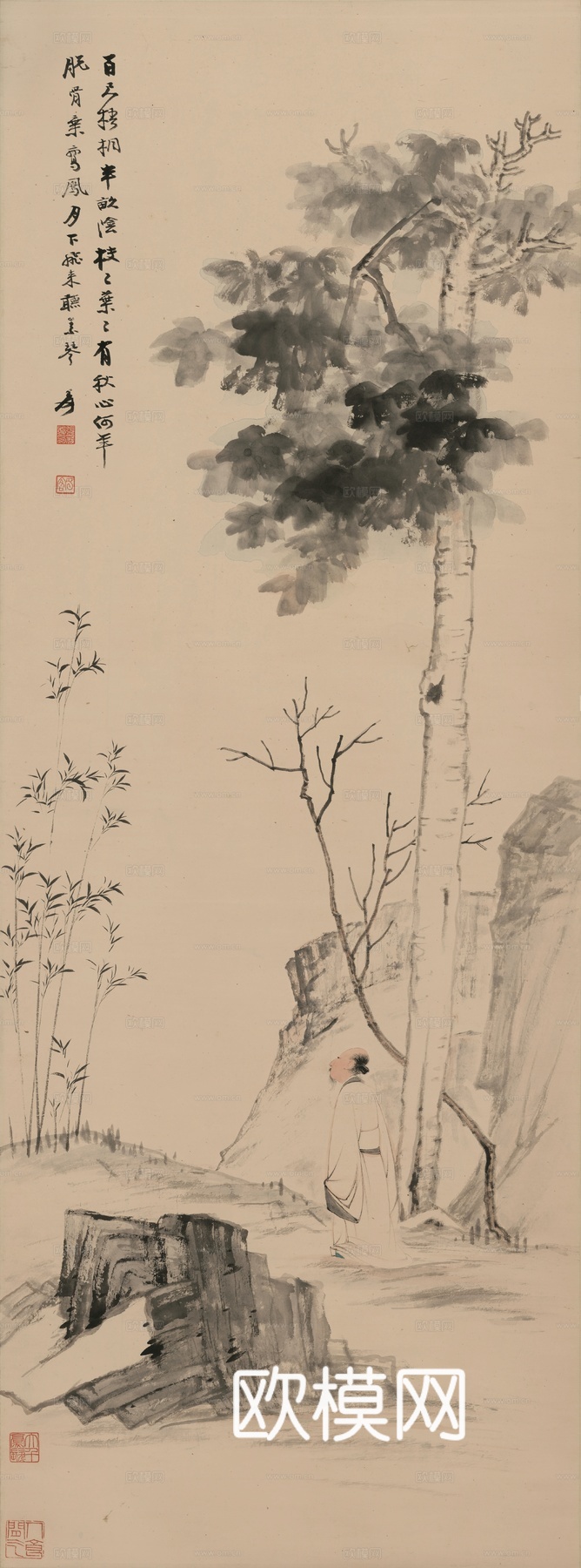 张大千绘画作品，中国近现代水墨画，写意水墨画百尺梧桐半亩荫下载