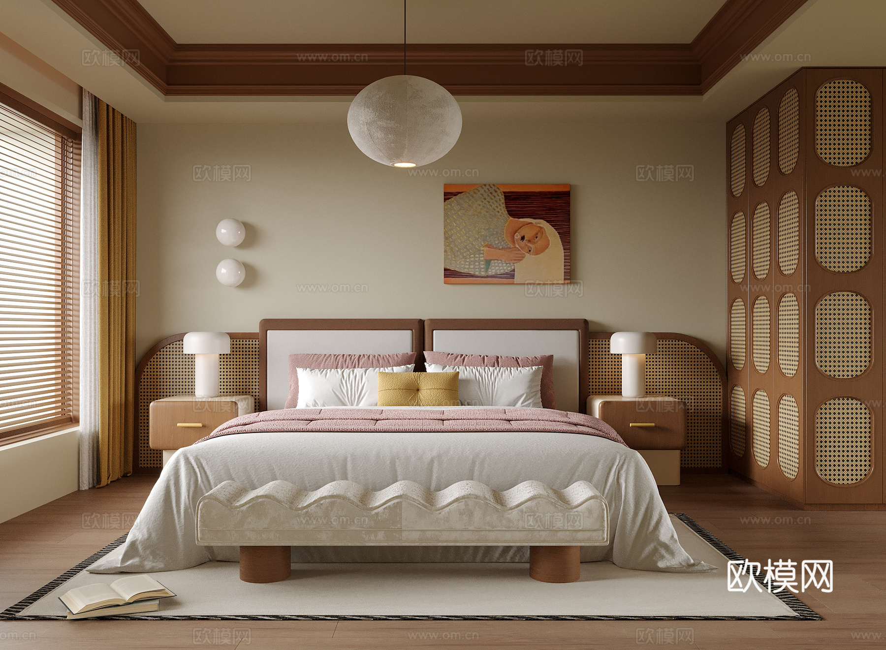 现代卧室 双人床 床头柜su模型下载（渲染图1）