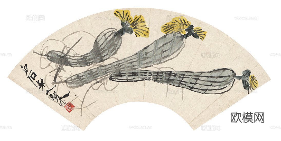 齐白石写意水墨画，近现代水墨画-1865-齐白石-清香丝瓜扇