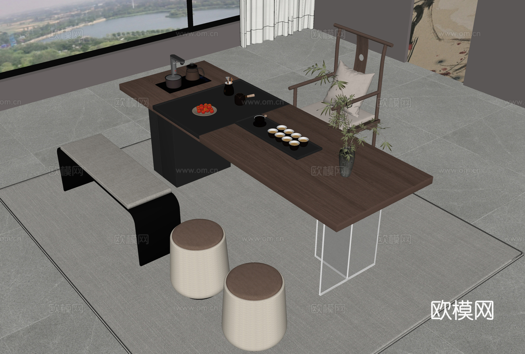 新中式茶桌椅su模型