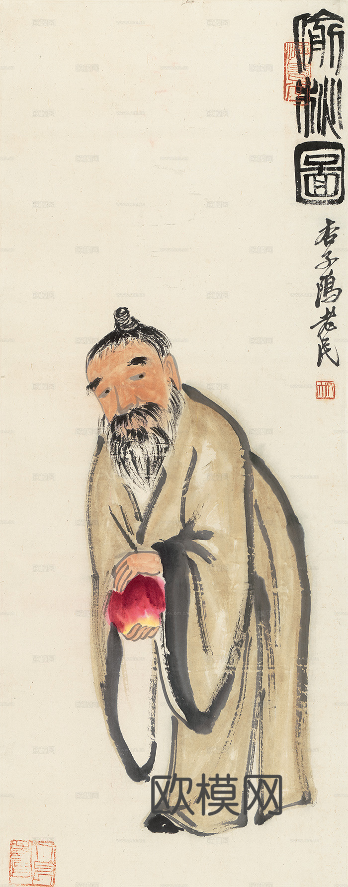 齐白石写意水墨画，近现代水墨画-偷桃图 43x109