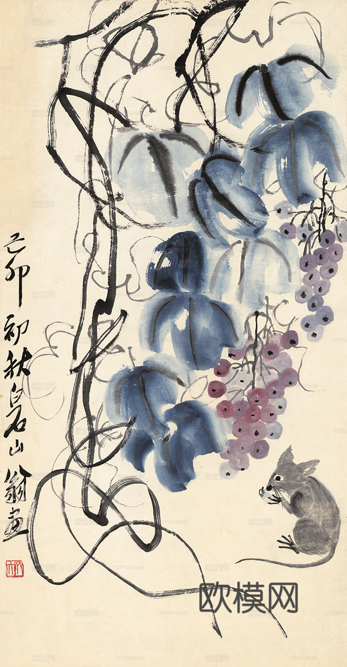 齐白石写意水墨画，近现代水墨画 松鼠葡萄-89x46 副本
